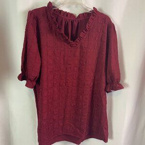 Burgundy Textured Tunic Top with Puff Sleeves